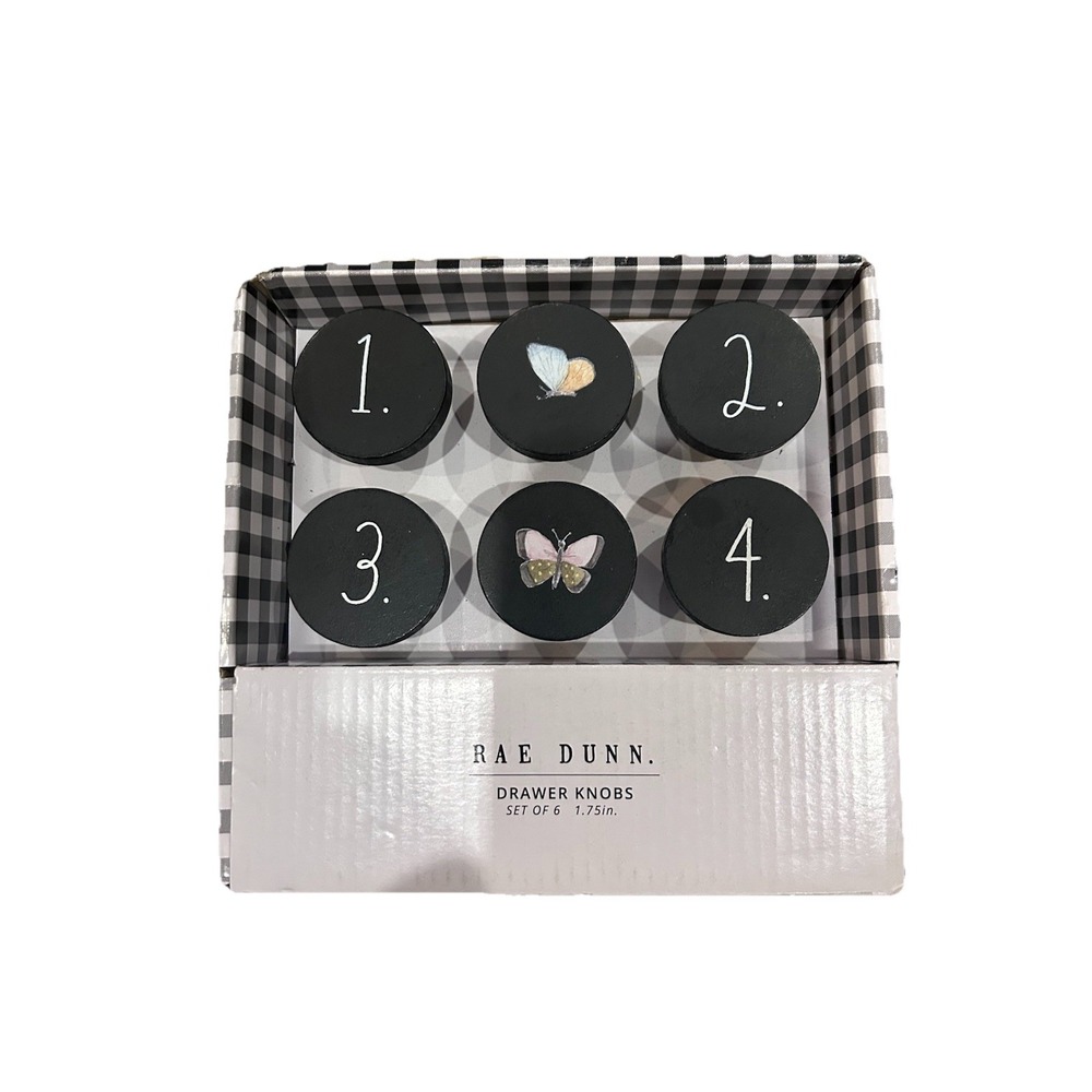 Rae Dunn‎ Drawer Knobs Set Of 6 Black Wood Round Butterfly 1 2 3 4 Farmhouse New